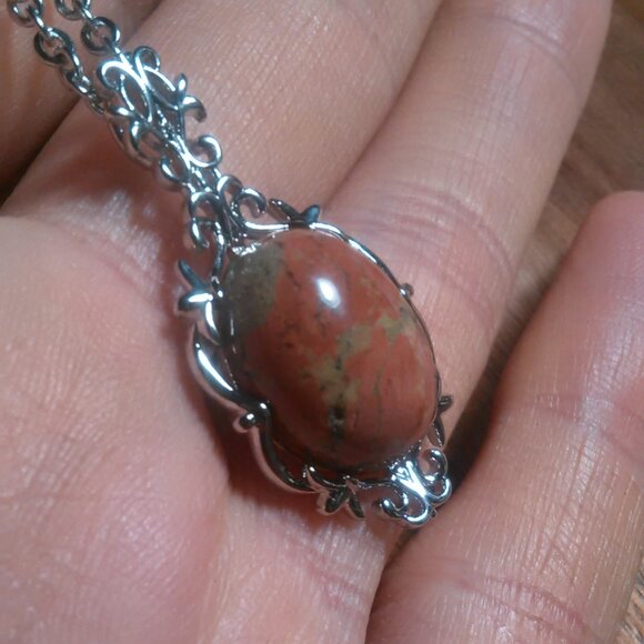 Unakite Silvertone Pendant Stainless Steel Necklace - Picture 11 of 12